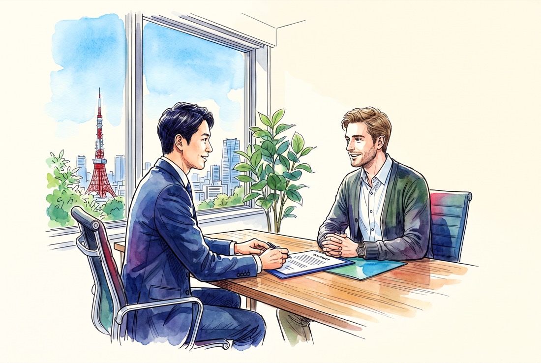 外国人社員と日本人同僚がオフィスで協力している様子
